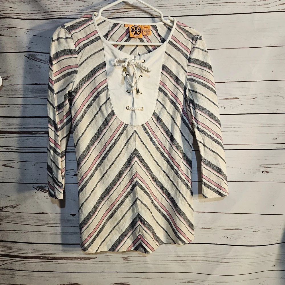 Tory Burch Top Striped‎ 3/4 Sleeve Lace Up Neckline Pink Navy White Size 6